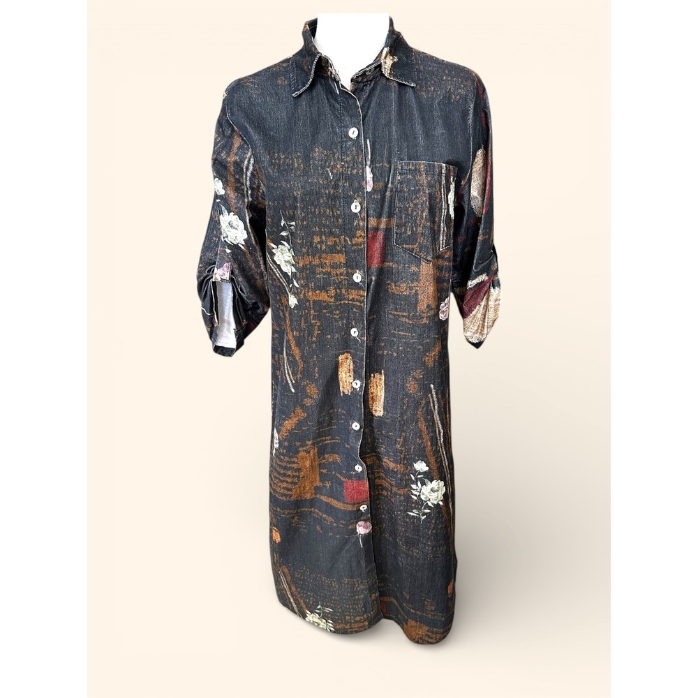 Made In Italy Cordoroy Shirt Dress Floral Print Button Down Roll Tab Sleeve ?Med - Picture 2 of 10